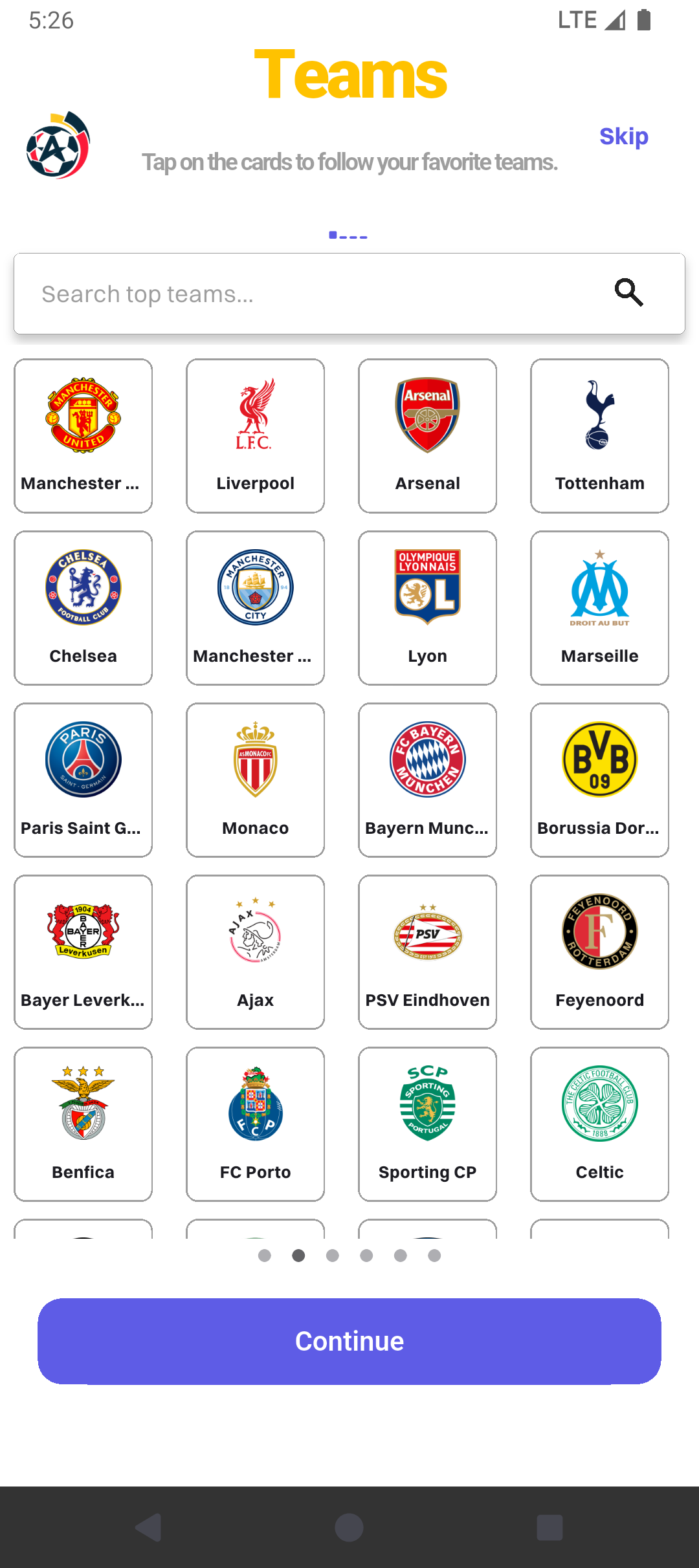 AdvanceScores Follow clubs mobile screen